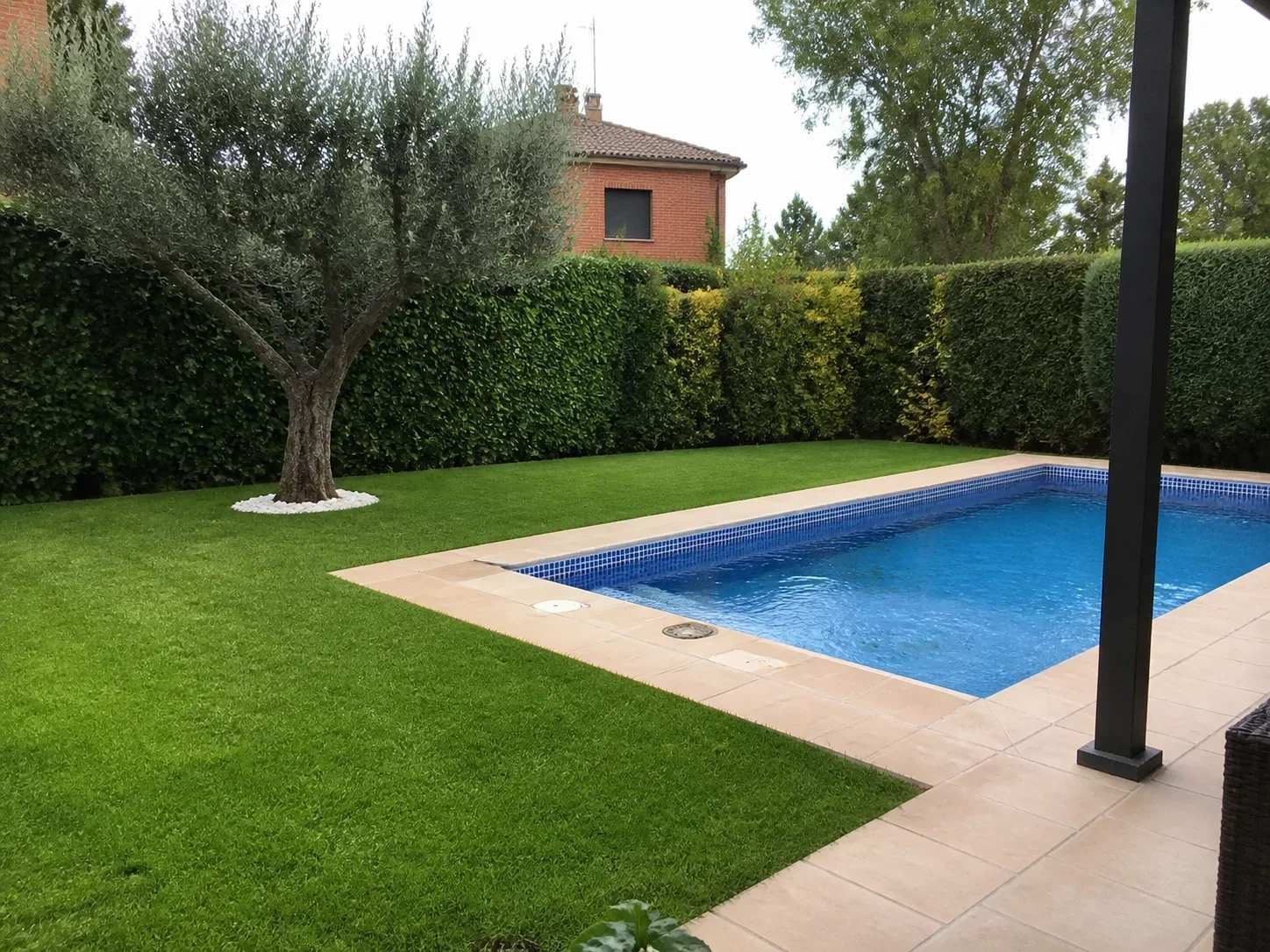 Entorno de piscina con césped y vegetación mediterránea en Mallorca